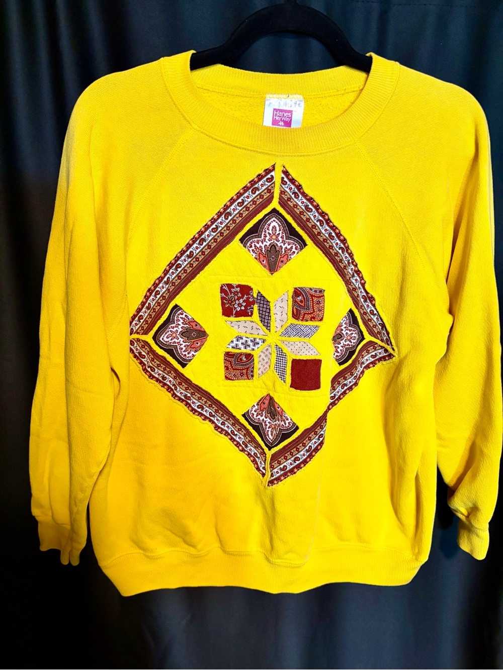 Bright Yellow Embroidered Bandana-Style CrewneckSweatshirt